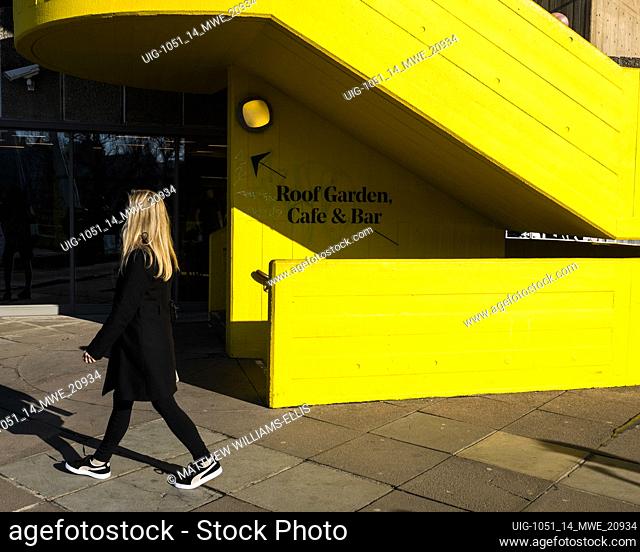 Street scene at Southbank Centre yellow steps, Southwark, London, England