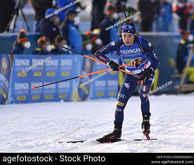 Dorothea Wierer of Italy leaves the shooting range during the women's 4 x 6km relay race at the BMW IBU Biathlon World Cup in Nove Mesto na Morave