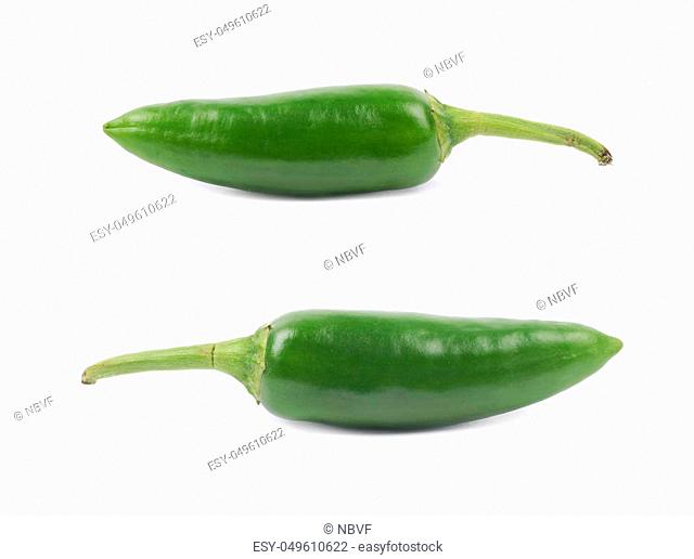 Green jalapeno pepper isolated over the white background, set of two different foreshortenings
