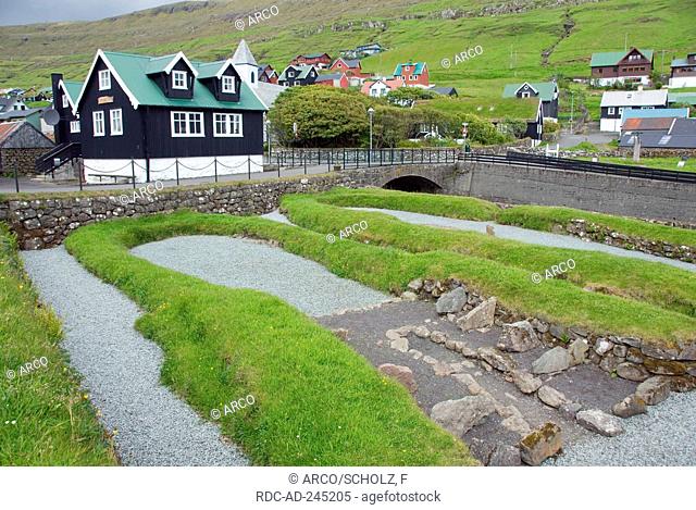 Remains of Vikings longhouse 10th/11th century Kvivik isle Streymoy Faro Islands Denmark Faerö Islands Färö Islands Faeroe Islands Gardur ur vikingaold
