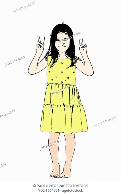barefoot baby girl girl in yellow dress with hands up in victory
