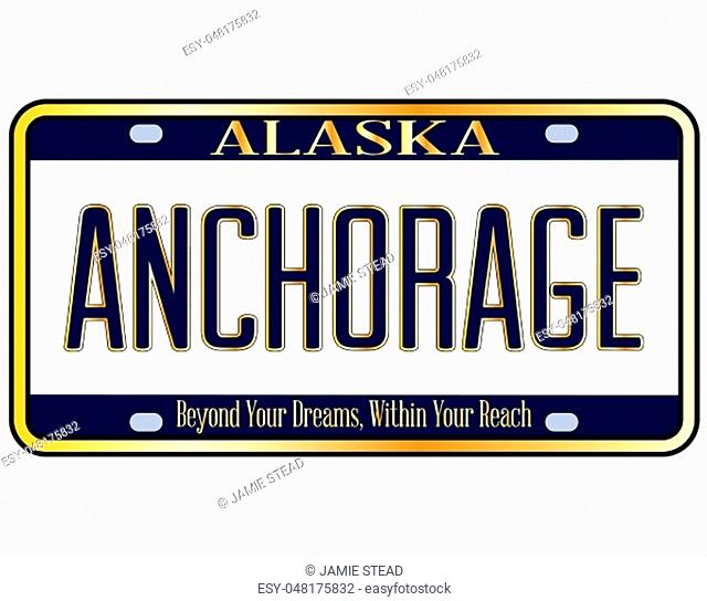 Alaska state license plate in the colors of the state flag with the text Anchorage over a white background