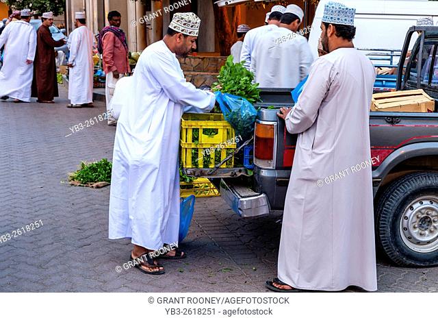 Omani Men Shopping In The Vegetable Market, Nizwa, Ad Dakhiliyah Region, Oman