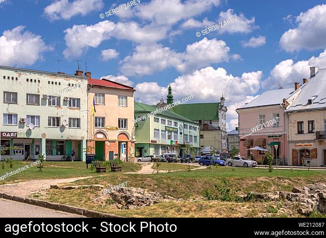 Zhovkva, Ukraine. Vicheva or Market square in Zhovkva city, Lviv region of Ukraine, on a sunny summer day