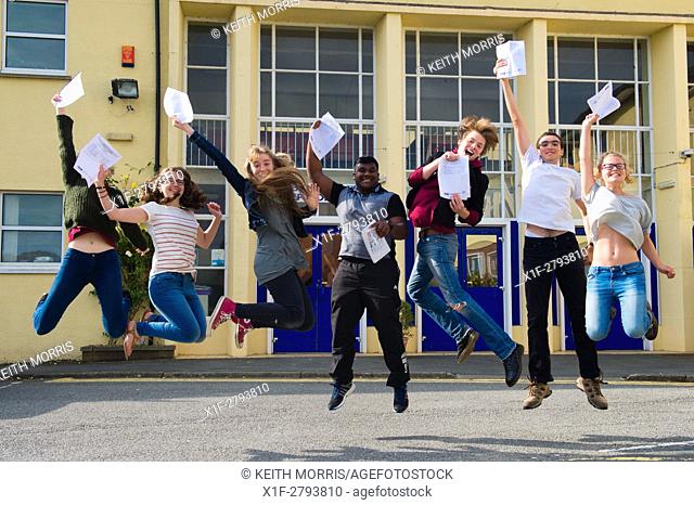 Aberystwyth Wales Uk, Thursday 13 August 2015. . Students at Penglais School Aberystwyth celebrate after collecting their A level results. .