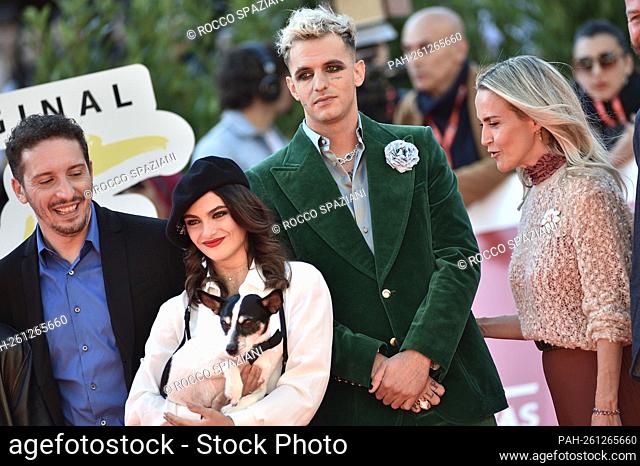 ROME, ITALY - OCTOBER 19: Fabio Mollo, Aurora Giovinazzo, Achille Lauro, Nicole Morganti attend the red carpet of the movie ""Anni Da Cane"" during the 19th...