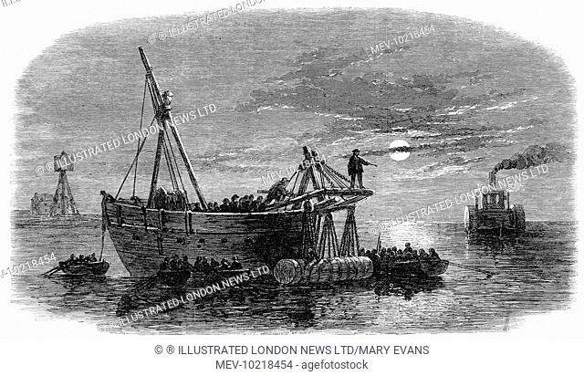 Engraving showing the moonlit scene as Confederate troops laid torpedoes in the main channel of Charlestown Harbour during the American Civil War