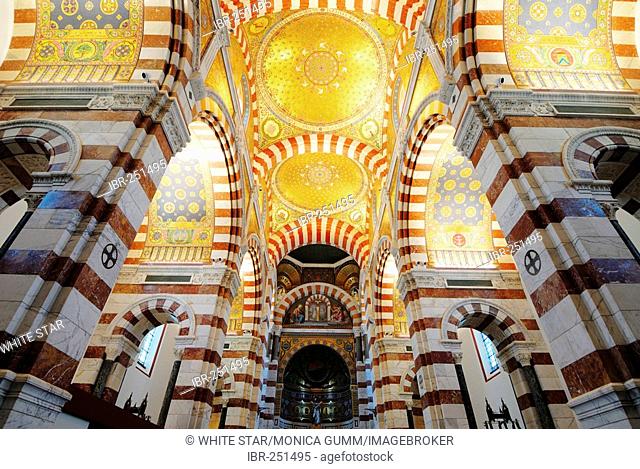 Basilica Notre dame de la Garde, arches, mosaik, Marseille, Provence-Alpes-Cote d'Azur, France