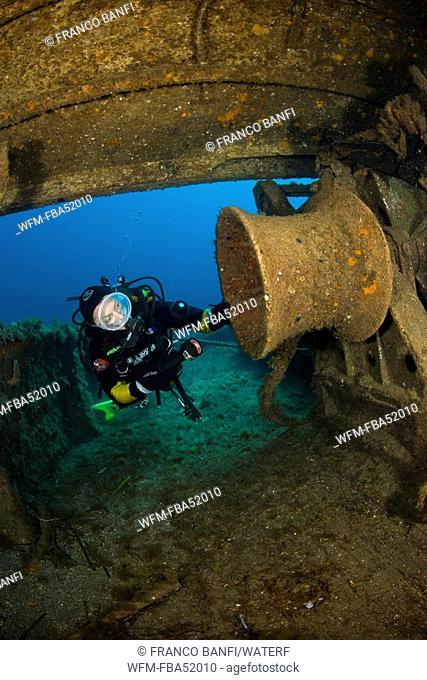 Scuba Diver inside Wreck of Cala Tramontana, Pantelleria Island, Mediterranean Sea, Italy