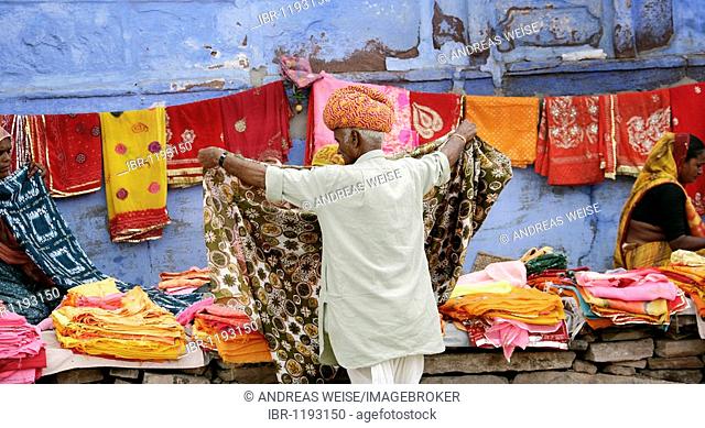 Market stand of a cloth merchant in Jodhpur, Rajasthan, India, Asia
