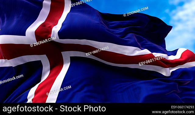 Detail of the national flag of Iceland flying in the wind. Democracy and politics. European country. Seamless 3D animation