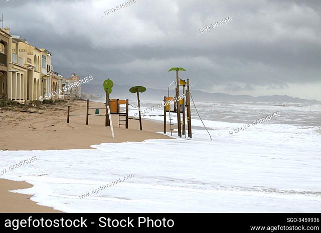 Tavernes de la Valldigna, Valencia, Spain, January 22, 2020. The force of the waves of the sea engulf part of the beach, leaving branches and algae
