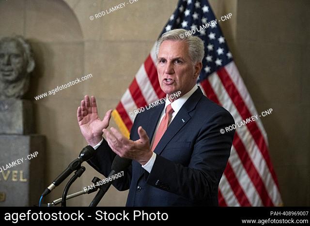 Speaker of the United States House of Representatives Kevin McCarthy (Republican of California) holds a press conference at the US Capitol