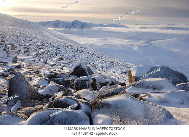 Winter view from Creag Chalamain to Sgor Gaoith, Grampian Mountains, Cairngorms National Park, Scotland, January