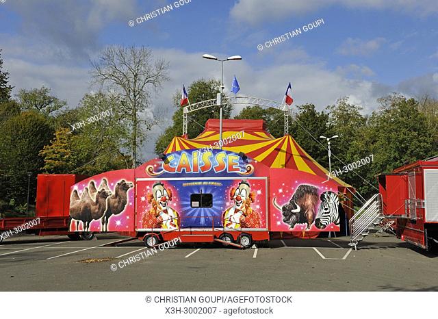 circus traditional marquee installed on a car-park in a village of Centre-Val de Loire Region, France, Europe