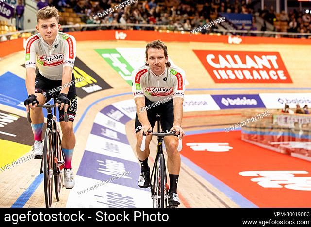 Danish Matias Malmberg and New Zealand's Aaron Gate pictured before the first day of the Zesdaagse Vlaanderen-Gent six-day indoor track cycling event at the...