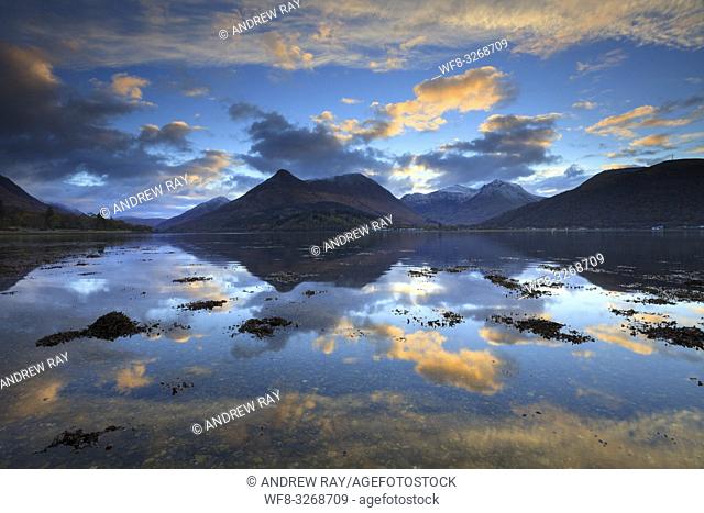 A view of the Pap of Glencoe from the northern shore of Loch Leven in the Scottish Highlands