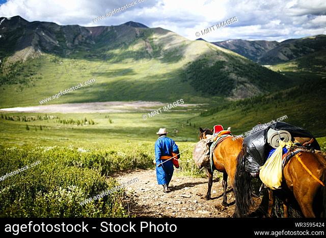 Guides and travelers ride horses into the East Taiga forests of northern Mongolia to visit the remote, nomadic reindeer herders that live near the Siberian...