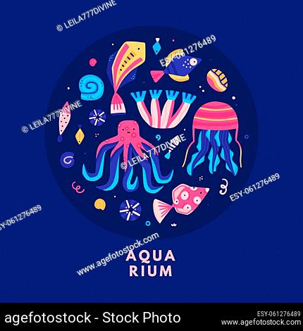 Vector funny underwater world. Colorful marine life. Cute hand-drawn fish, shells, octopus, seaweed, jellyfish. It can be used for baby clothes, stickers