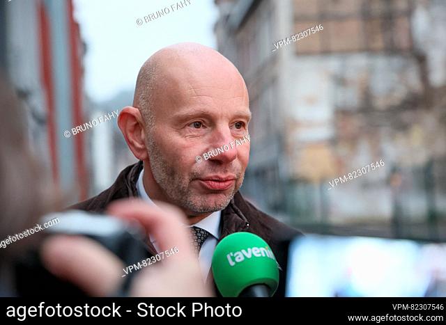 former Walloon parliament clerk Frederic Janssens talks to the press ahead of a hearing with the head clerk of the Walloon parliament, in Namur