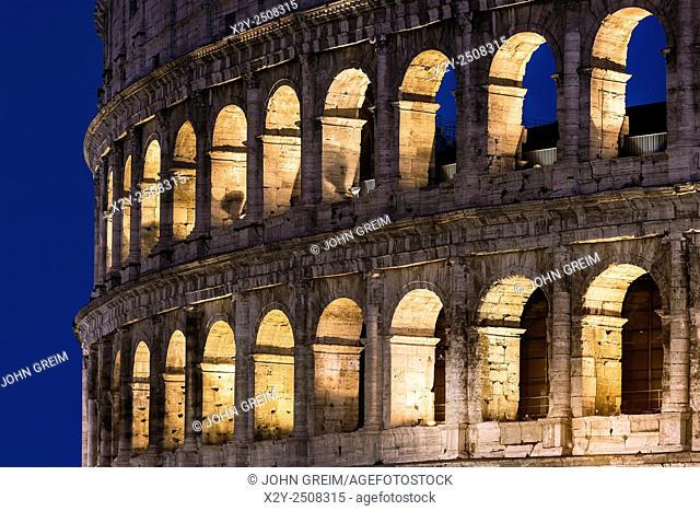 Roman Coliseum detail at night, Rome, Italy