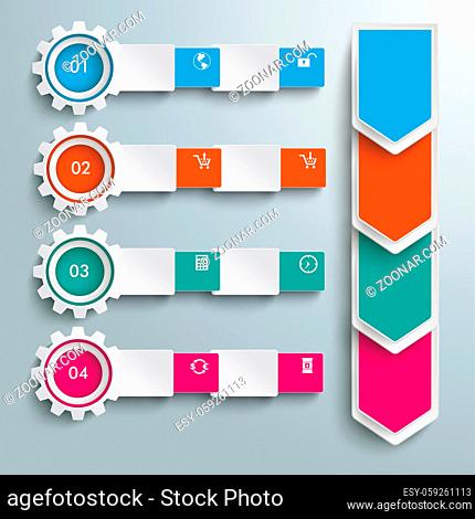 Arrows with rectangles and gears on the gray background. Eps 10 vector file