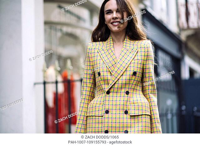 Evangelie Smyrniotaki posing outside the Victoria Beckham runway show during London Fashion Week - Sept 16, 2018 - Photo: Runway Manhattan ***For Editorial Use...
