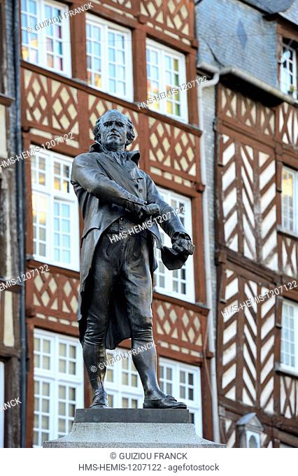 France, Ille et Vilaine, Rennes, Place du Champ Jacquet, square lined with 17th century half timbered houses, statue of John Leperdit