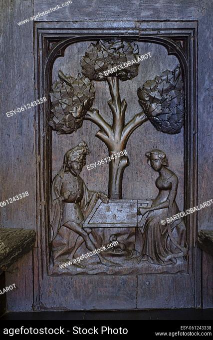 Tristan and Isolde playing chess spied on by King Marco, Chapel of Alfabia, 15th century, - the chair of the Moorish king -, Alfabia, Bunyola, Mallorca