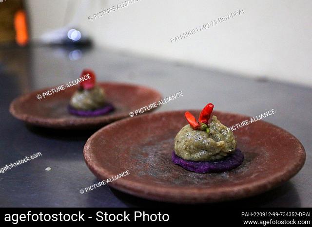 12 September 2022, Mexico, Chiapas: Tortilla made with purple sweet potatoes, mashed potatoes and bean flowers, a creation of Mexican chef Claudia Santiz