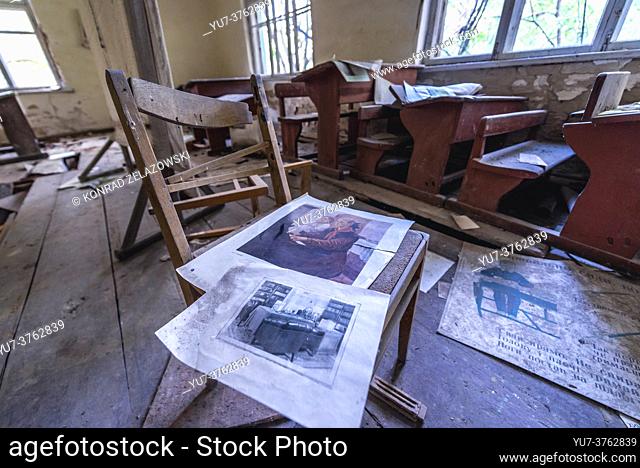 Inside the primary school in Krasne abandoned villages of Chernobyl Nuclear Power Plant Zone of Alienation around nuclear reactor disaster, Ukraine