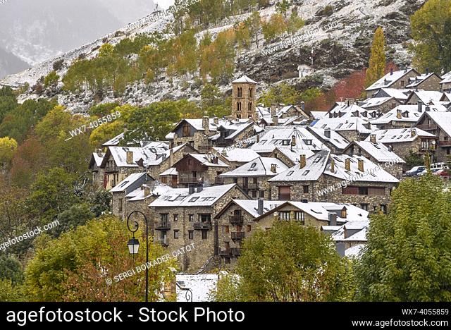 Taüll village in autumn, on a snowy day (Boí Valley, Catalonia, Spain, Pyrenees)