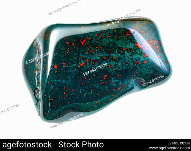 closeup of sample of natural mineral from geological collection - polished Bloodstone (heliotrope) gem isolated on white background