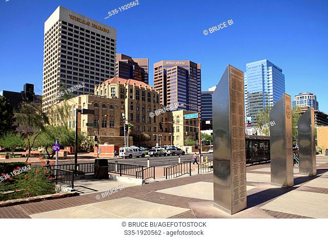 The skyline of Downtown Phoenix from Maricopa County Superior Court Plaza  Phoenix  Arizona  USA