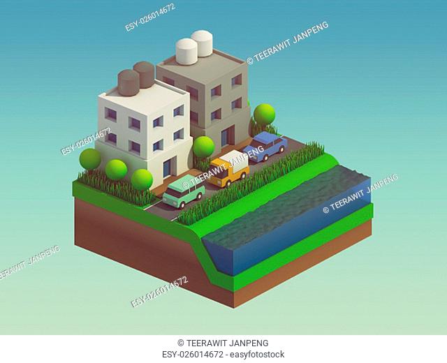 isometric city buildings, landscape, Road and river, isometric city background