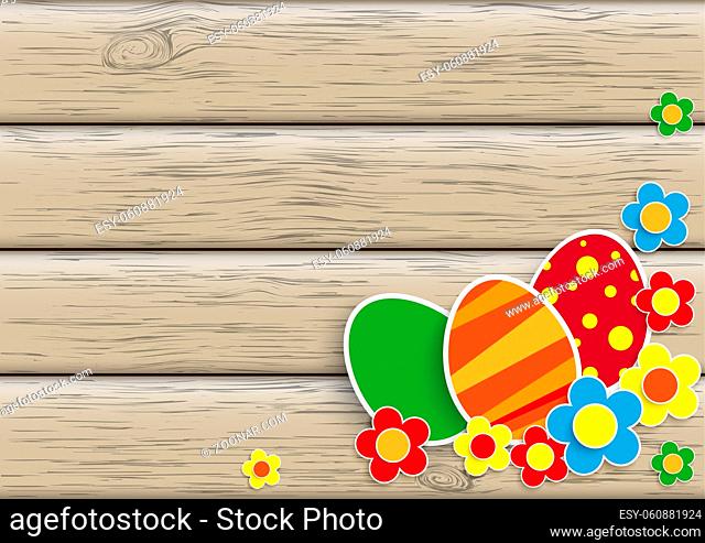 Flowers and easter eggs on the wooden background. Eps 10 vector file