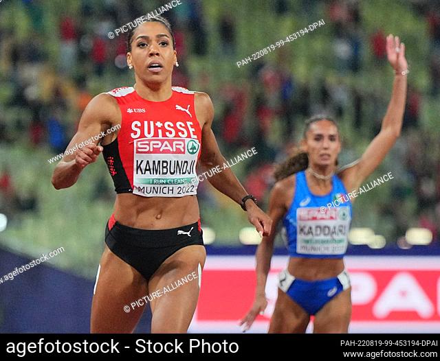 19 August 2022, Bavaria, Munich: Athletics: European Championships, Olympic Stadium, Women, 200 meters, Final, Mujinga Kambundji (Switzerland) wins the race
