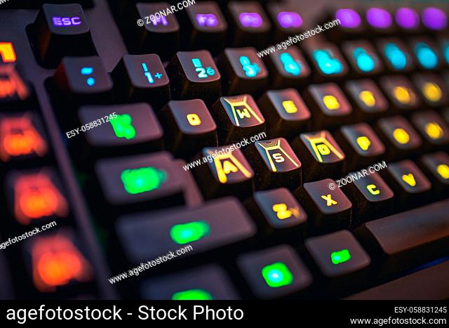 Romer-G backlit mechanical keyboard WSAD buttons detail shot. Gaming Keys