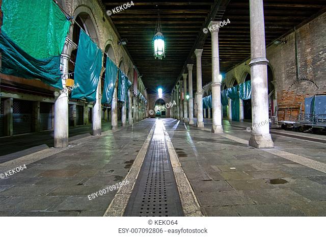 Venice Italy pescheria fish market when closed by night