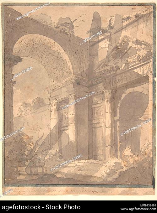 View of Ancient Roman Ruins, an Arch and a Triangular-Pedimented Doorway. Artist: Filippo Mochi (Italian, active 18th century); Date: 18th century; Medium: Pen...