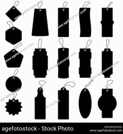 Set of Blank Black Paper Price Tags. Gift Label Set in Different Shapes. Design of Various Stickers with Rope. Empty Sale Icons