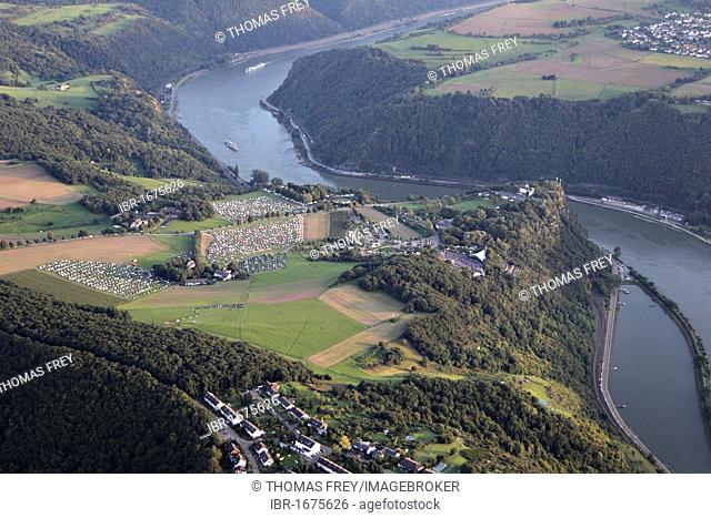 Aerial view, Freilichtbuehne Loreley open-air stage on the Loreley-Plateau at Loreley Rock, high above the Rhine river during a concert by singer Xavier Naidoo