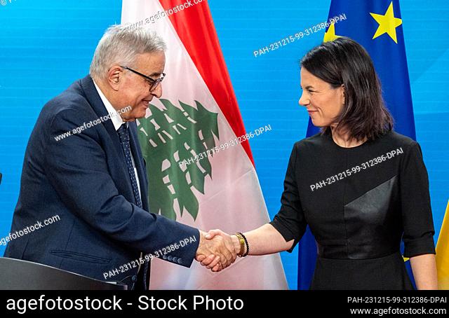 15 December 2023, Berlin: Annalena Baerbock (Bündnis90/Die Grünen), Foreign Minister, shakes hands with her counterpart, the Foreign Minister of Lebanon...