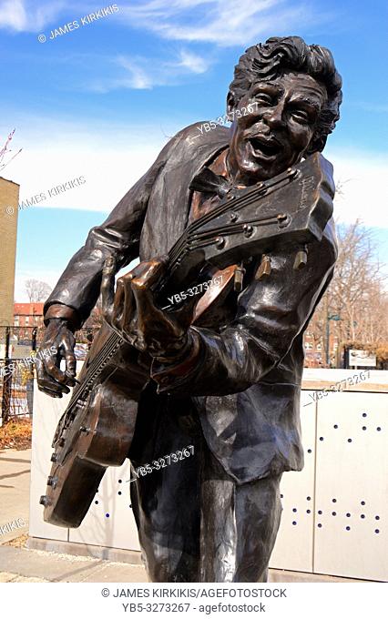 A statue of rock n roll founder Chuck Berry stands in his hometown of St Louis Missouri