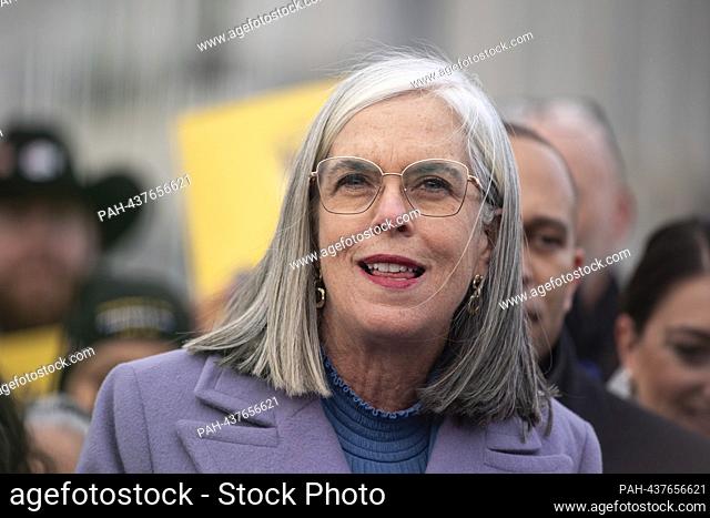 United States House Minority Whip Katherine Clark (Democrat of Massachusetts) at a press conference with Community Change Action for a call for investment in...