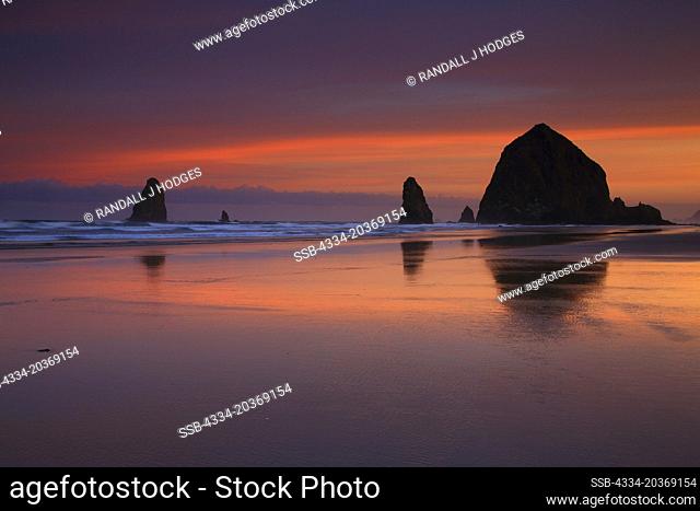 Sunset With Haystack Rock and The Needles From Cannon Beach on the Oregon Coast in Oregon
