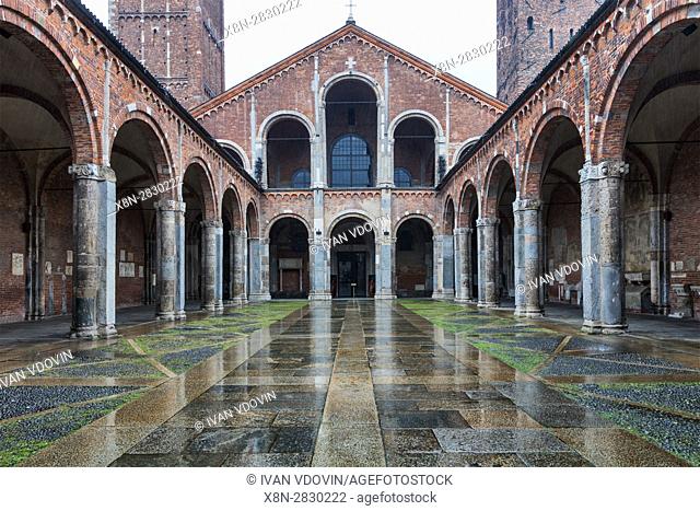 Inner yard of Basilica of Sant Ambrogio, Milan, Lombardy, Italy