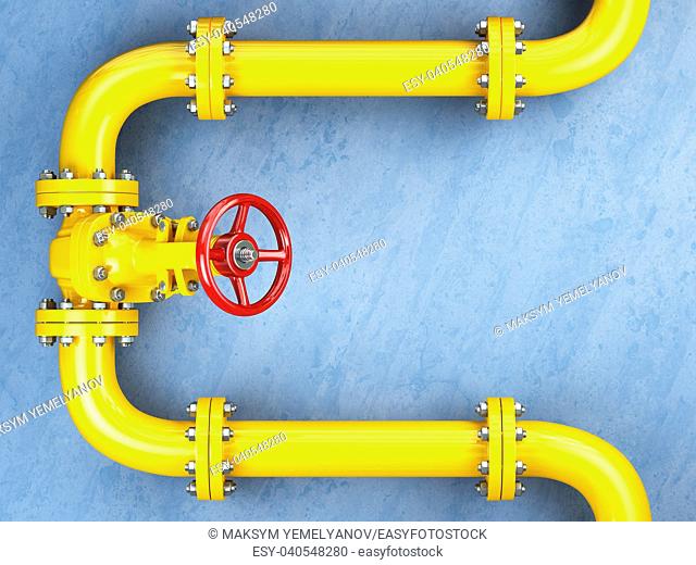 Yellow gas pipeline valve on a blue wall. Space for text. 3d illustration