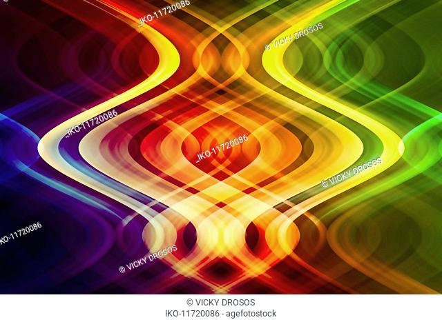 Abstract pattern of symmetrical intertwined colorful light beams