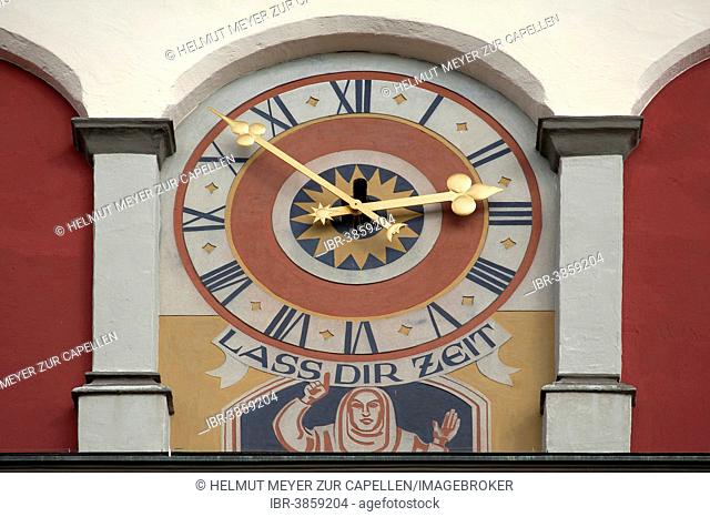 Tower clock with the lettering Lass Dir Zeit, German for take your time, Martinstor gate, 1608 Wangen, Allgäu, Bavaria, Germany